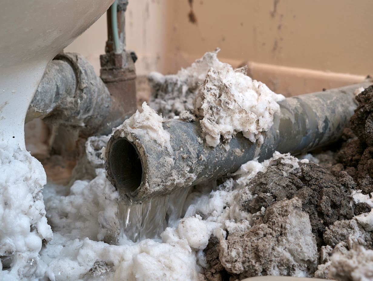 Broken drain pipe overflowing with dirty water beside a toilet