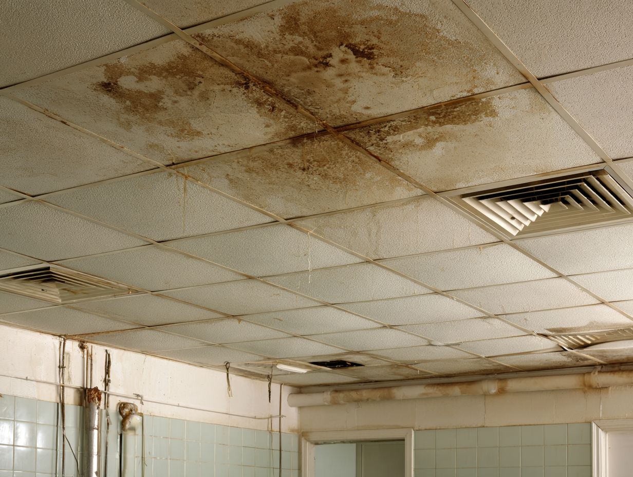 Brown water stains across ceiling tiles from a leak above