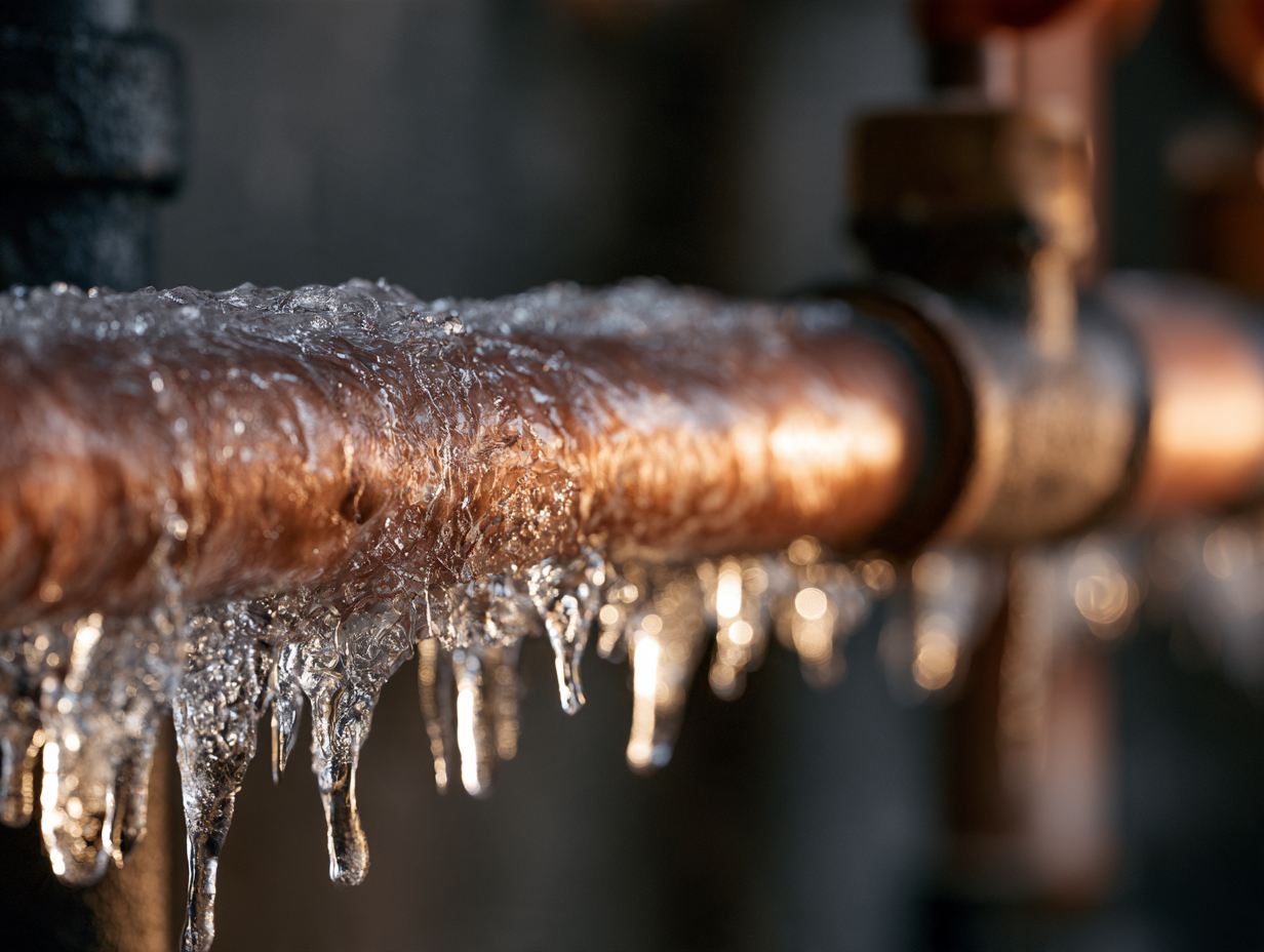 Icicles hanging from a frozen copper water pipe