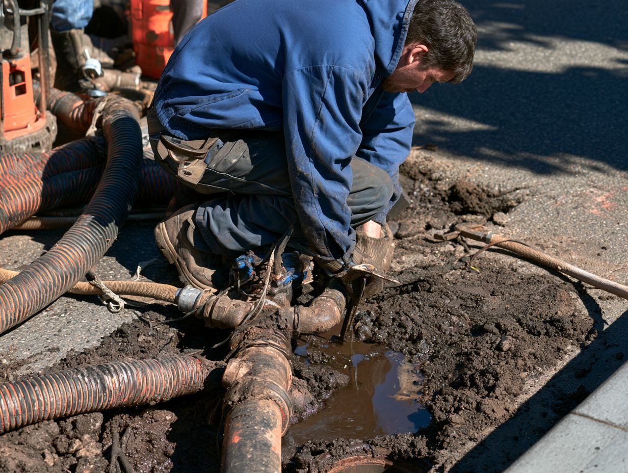 Worker repairing an exposed sewer line in a dug-out trench