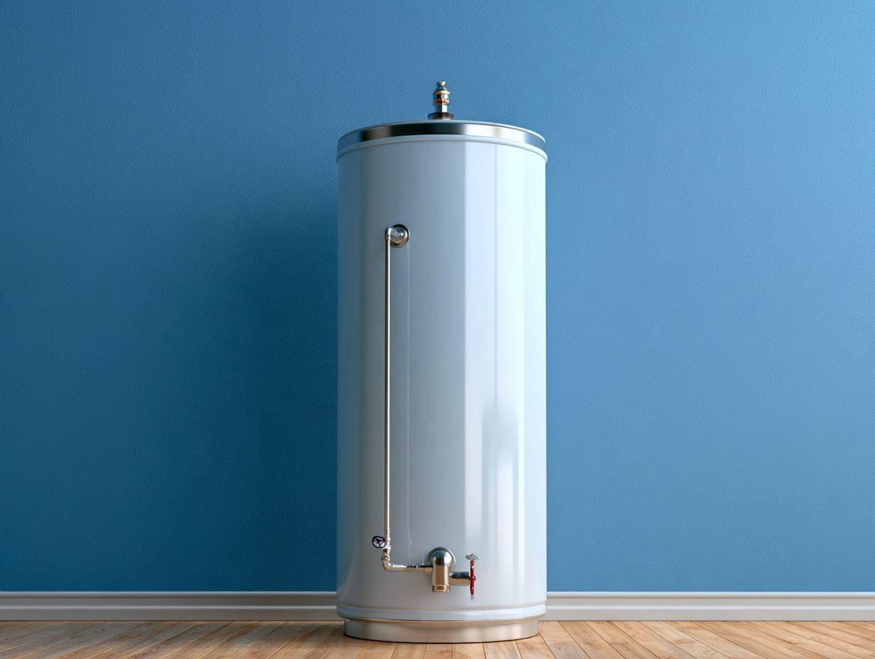 Tank water heater standing against a blue wall