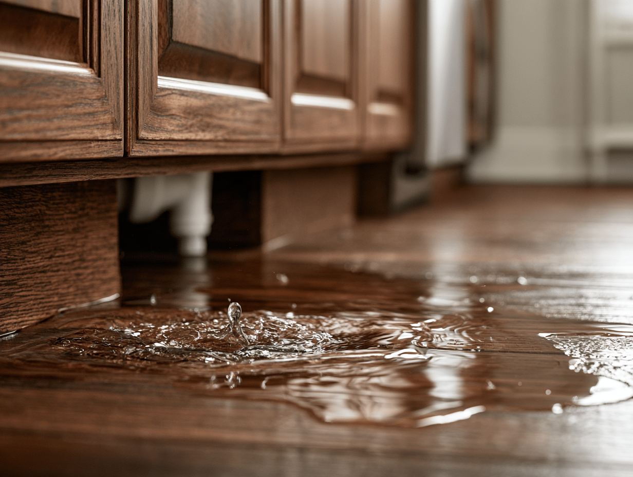 Water spreading across a wood floor from a leak under a kitchen sink cabinet